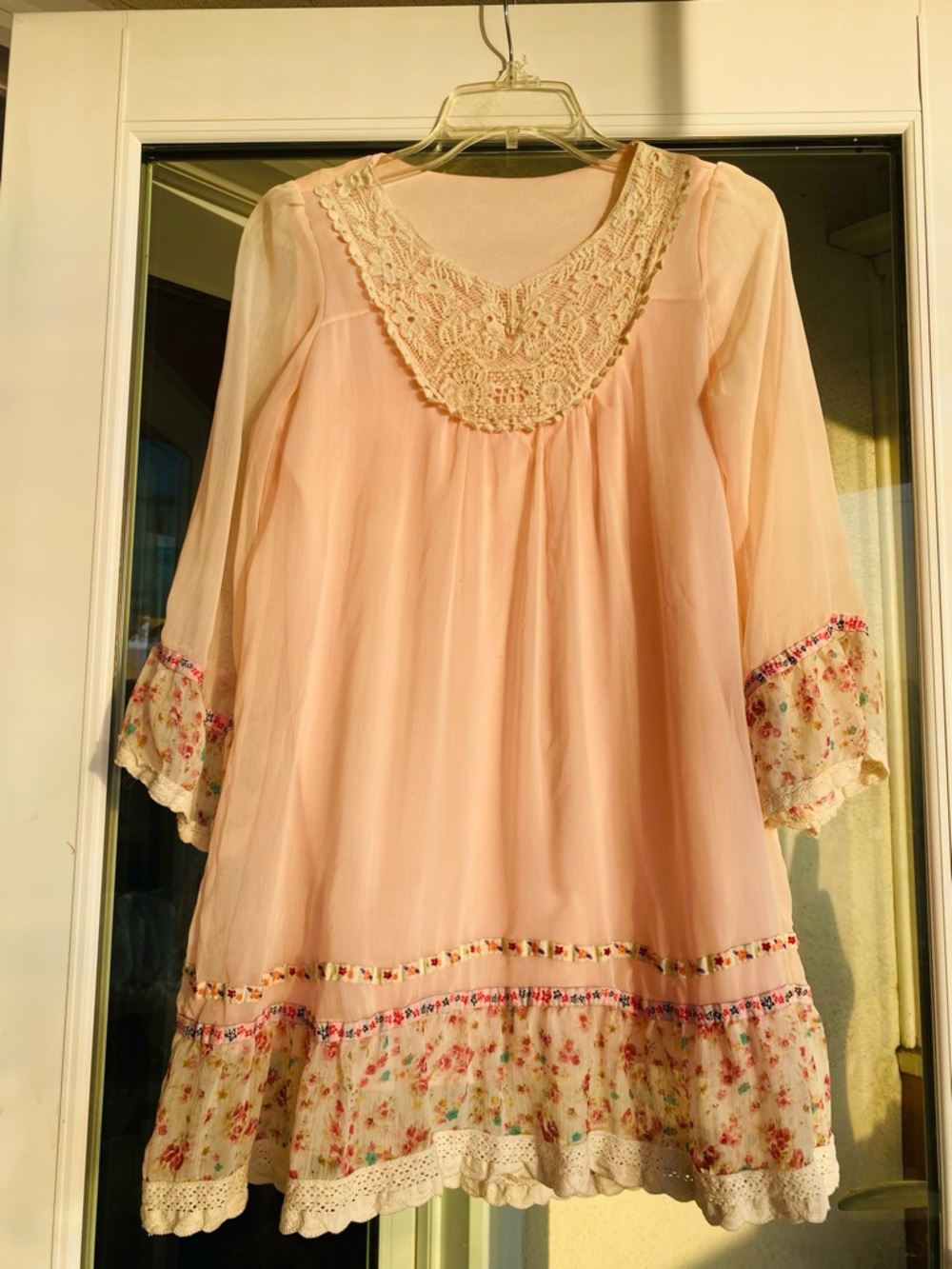 Vintage Style Peach Boho Tunic Dress Crochet Lace Floral Cottagecore Size XS